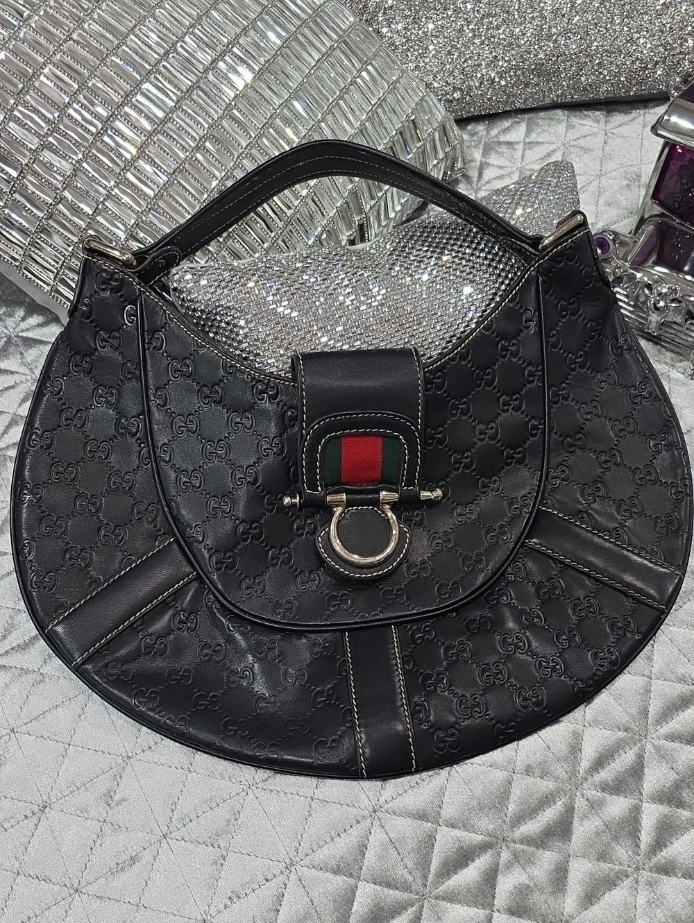 Gucci Black GG Monogram Shoulder Bag with Green and Red Web Accent